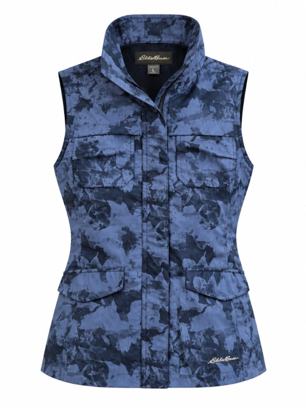 Eddie Bauer Vest Womens Large Blue Camo Vented Utility Sleeveless Full Zip Top